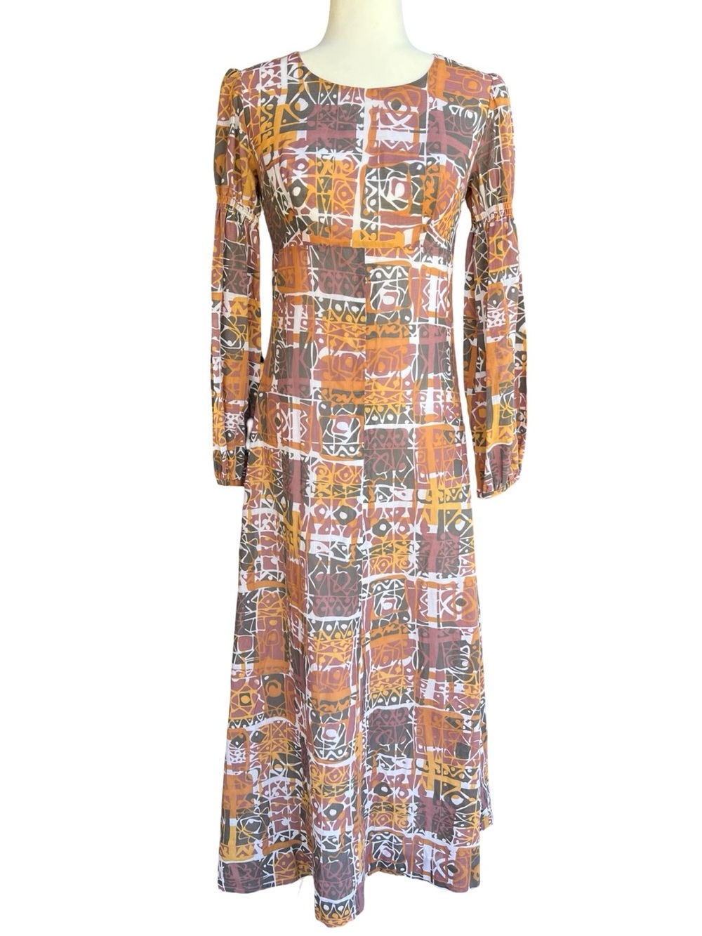 VTG 60-70s Handmade Mod Abstract Tiki Print Empire-Waist Maxi Dress Lined Retro